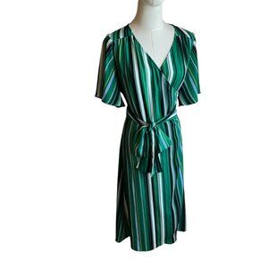 Halogen Green Multicolor Stripe Faux Wrap Midi Dress Size Small – Flutter Sleeve